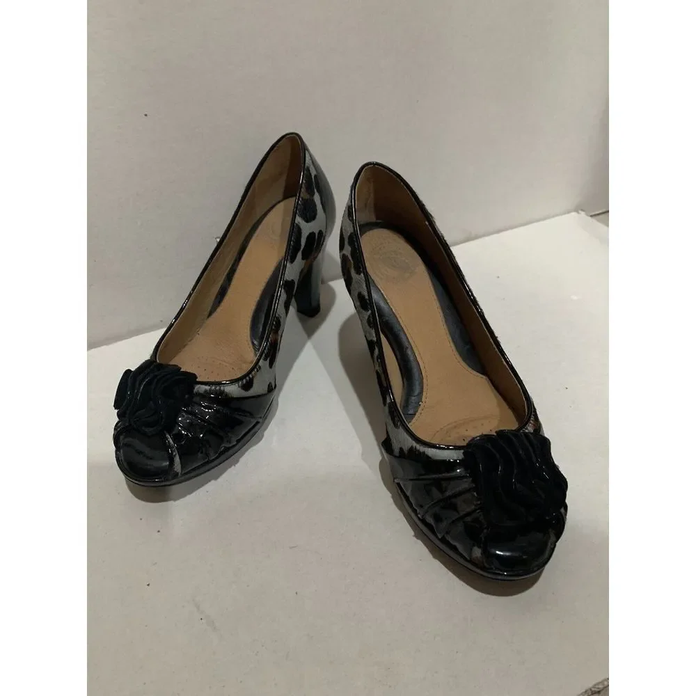 Nurture Womens Rosalind Black Leopard Pony Hair Leather Bow Heels Shoes 6 1/2‎